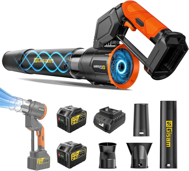 2 en 1 Soplador De Hojas Sin Escobillas, con 2 BateríAs De 6,0 Ah, Soplador De Hojas De 3 Velocidades, MáX. 800 000 RPM, Caudal De Aire De 850 M³/H, para JardíN, Hojas, Polvo Y Nieve