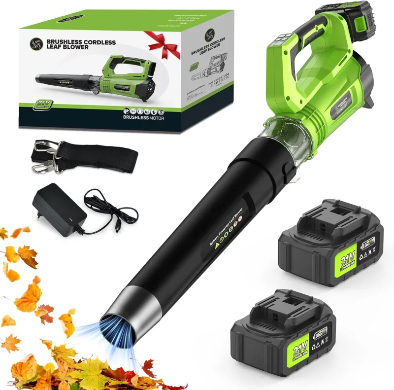 Soplador De Hojas, con Una Batería 8000 mAh, Una Velocidad Máxima del Viento 320 Km/h, 5 Velocidades De Viento Ajustables y Un Modo Turbo, Se Puede Utilizar para Limpiar Jardin, cesped, Hojas y Nieve