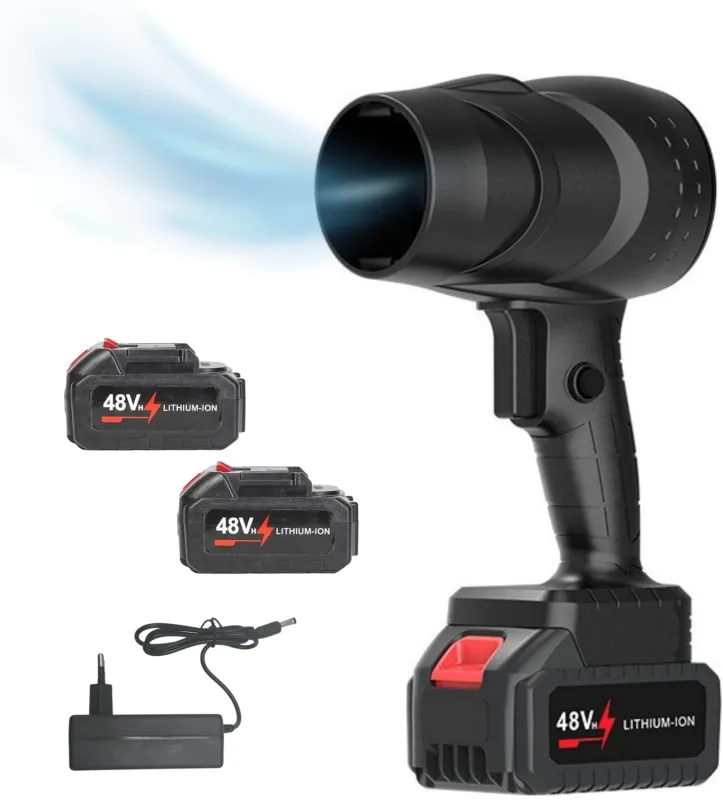 Soplador de Chorro Turbo. Soplador Turbo Jet, 130000 RPM. Plumero de Aire Inalámbrico. Mini Soplador de Hojas. 1050 W. Incluye 2 Baterías de 48V. para Limpiar Jardín, Nieve, Polvo, Etc.