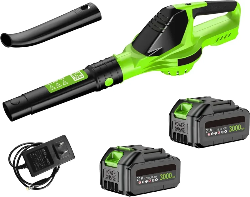 Soplador de hojas inalámbrico de 21 V, 3000 W, 100 MPH, con 2 x 3.0 Ah Batería y cargador, 5 modos de velocidad para el mantenimiento del césped, el soplado de la nieve y el desempolvado (2 baterías)