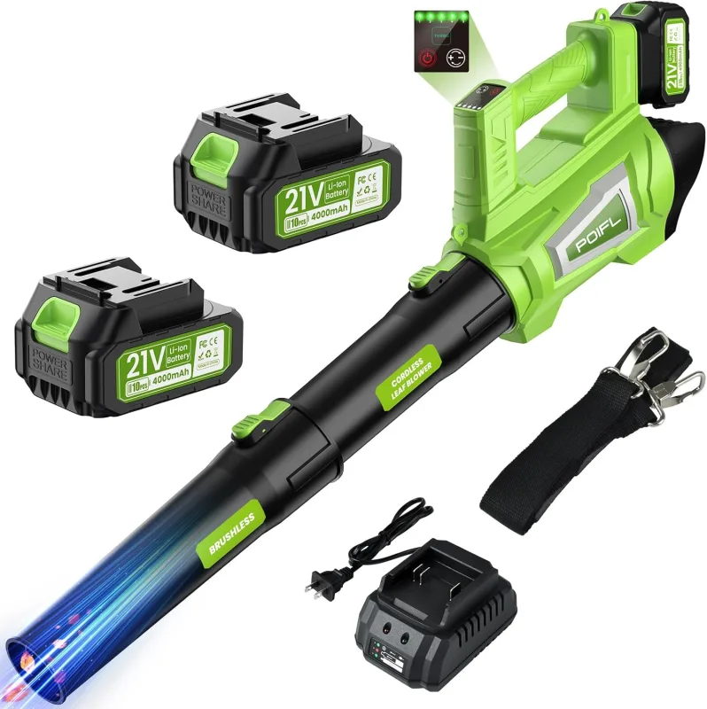 Soplador De Hojas Bateria, Velocidad Máxima del Viento 245 Km/h, Equipado con 2 Baterías De 4,0 Ah, Correa De Hombro De 1,6 m y Cargador Rápido, Utilizado para Limpiar Hojas De Jardín, Nieve, Polvo