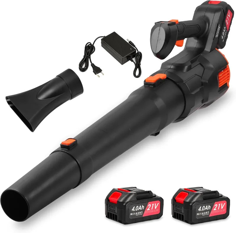 Soplador de Hojas a Batería 21V con 2 Baterías 4000mAh, 3 Velocidades,119MPH 494CFM, con Tubo Recto y Curvo, Soplador Bateria para Jardín, Patio y Hogar