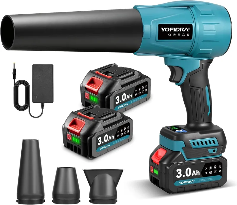 Yofidra Leaf Blower Battery, 33,000 RPM, Turbo Powerful Air Blower with 2 Batteries, 300 m/s, 3 Speed, 4 Nozzles, for Cleaning Leaves, Snow and Dust
