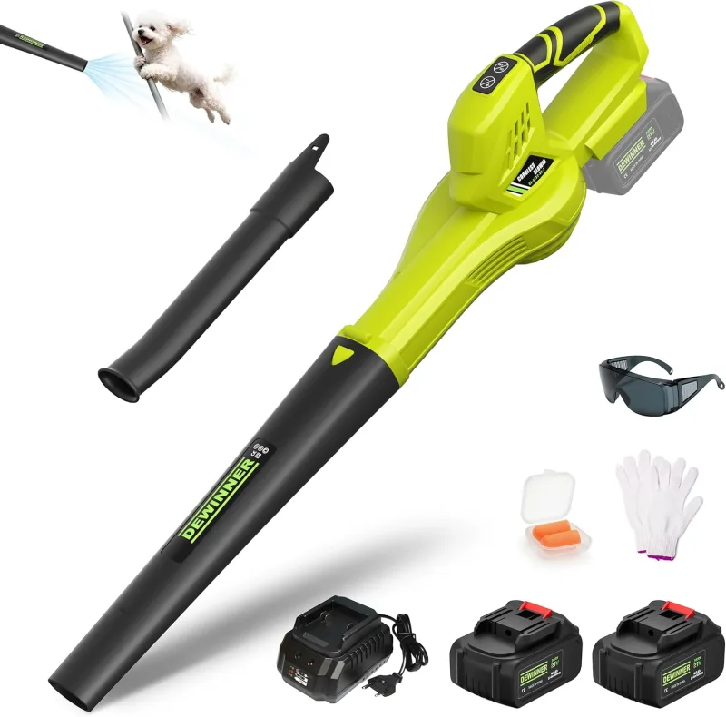 Dewinner - Cordless Leaf Blower, 2 x 4.0Ah Batteries, 210 km/h, 6 Adjustable Speed, 2 Detachable Tubes, Complete Kit, Professional Garden Blower, Compatible with Makita Batteries (Green)