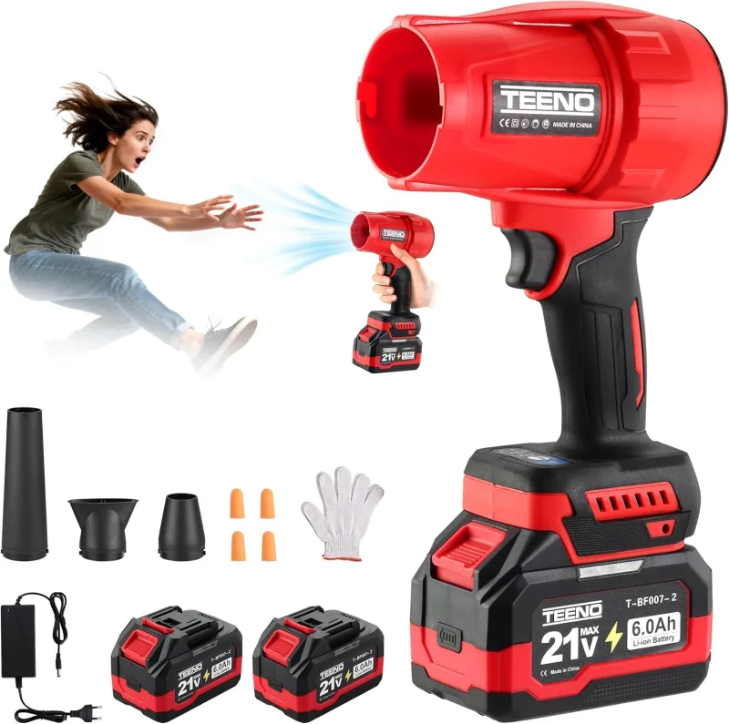 Soplador de Hojas Inalámbrico TEENO | 21V | 2 Baterías 6,0 Ah | 3 Modos de Velocidad | 116 km/h | 35000 r/min | Ligero | Para Jardín, Terraza y Camping | Incluye Cargador | Soplador Inalámbrico