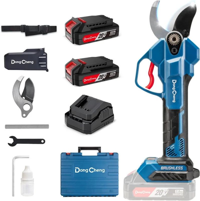 Dong Cheng Tijeras de jardín a batería de 20 V, 4 niveles de corte hasta 35 mm, motor profesional sin escobillas, 2 baterías de 2,0 Ah, cargador de 2 A, hoja SK5 – para árboles frutales, jardinería