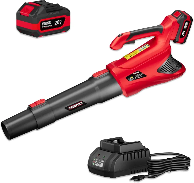 TEENO Soplador de Hojas, 20V Soplador de Hojas Electrico de 4.0Ah con Batería y Cargador, 5 Velocidades, Velocidad de 50m/s, Soplador de Hojas Eléctrico para El Cuidado del Césped