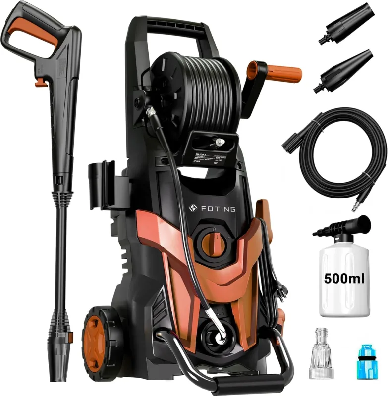 High Pressure Washer 180 Bar, Flow Rate 420 l/h, 6-in-1 Nozzle, 50 m2/h, with Lance, Hose and Foam Tank 500 ml, for Car, Garden and Home