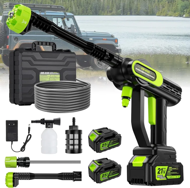 Hidrolimpiadora a Bateria de Alta Presión con Boquilla 6 en 1, 2 Baterías 4000mAh, 14 mm Salida de Agua 100 Bar Conexión Directa al Grifo y Botella para Limpiar Coche, Terraza, Jardín Limpieza y Riego