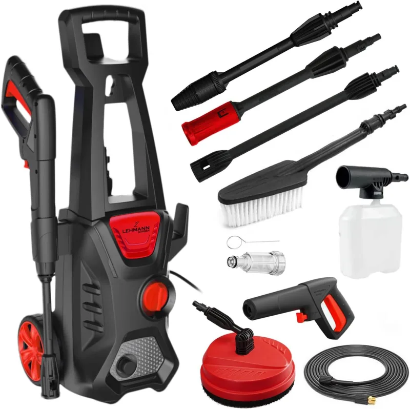 LEHMANN Jukon High Pressure Pressure Washer, 1600W, Max Pressure 200 Bars, 480 l/h Flow, with Accessories - Gun, Lances, Foam Lance and Patio Brush