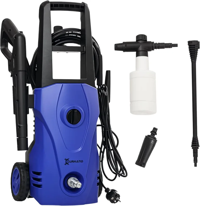 DURHAND Hidrolimpiadora Lavadora de Alta Presión 1600W Caudal 432 L/h Bomba de Aluminio Presión de 130 Bar Manguera de 6 m Incluye Botella de Jabón Boquilla Cepillo 23.5x27x68 cm Azul