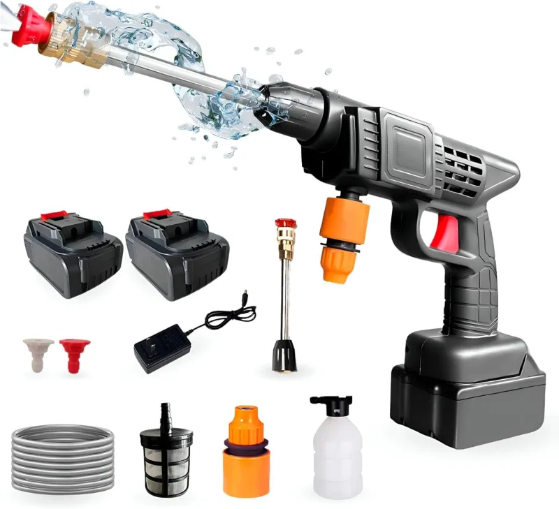 Pistola de Alta Presión. Limpiador de Alta Presión Portátil 35Bar/500PSI y 1500mAh/300W y 2 Baterías 48V. Set de Pistola Hidrolimpiadora Inalámbrica, Recargable para Limpiar Coche, Terraza, Jardín.