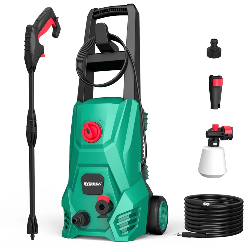 HYCHIKA Pressure Washer, 110 Bar Max. 410 l/h Flow Rate 1500 W Portable Car Wash with Foam Tank, High Pressure Hose, 5 m Cable, Pressure Washer Ideal for Cars, Fences, Patios