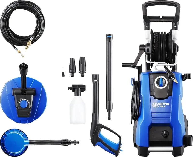 Nilfisk High Pressure Pressure Washer E 145 Bars + Foam Sprayer + Terrace Cleaner + Brush + Unclogging Hose (2100 W)