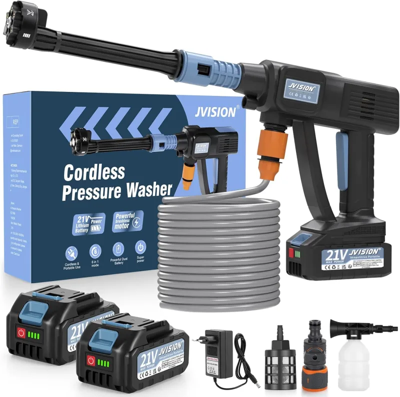 Battery Powered Pressure Washer, 21V Pressure Water Gun Portable Electric Pressure Washer with 2 Batteries and 5m Tube, Cordless Washing Machine for Car, Garden, Terrace, Lawn and Irrigation