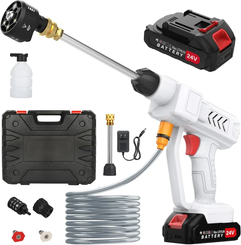 High Pressure Pressure Washer, Battery Pressure Washer with 6 in 1 Nozzle, Pressure Water Gun with 2 Batteries for Cleaning Cars, Floors, Garden Cleaning and Irrigation