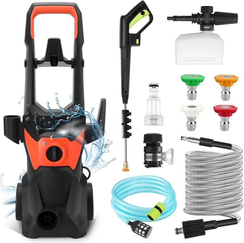 KAOLALI High Pressure Pressure Washer, 3000W Working Pressure, Flow Rate 336L/H, with Spray Gun, 10 m Hose, 4 Nozzles, for Cars, Fences, Patios