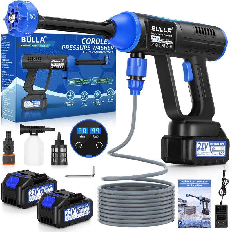 Pressure Washer Battery, Pressure Water Gun with 6 in 1 Nozzle, Press & Clean Washing Gun with 2 4.0Ah Batteries, Pressure Washer Gun for Cleaning Cars, Floors and Gardens