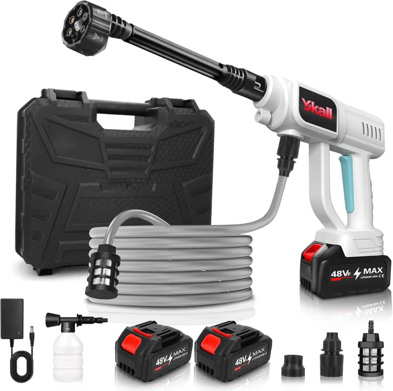 Hidrolimpiadora a Batería Inalámbrica con 2 Baterías, Boquilla Multifunción 6 en 1, Alta Presión, Manguera de 5 m, para Coches, Jardín, Terraza y Limpieza Móvil Fácil y Rápida