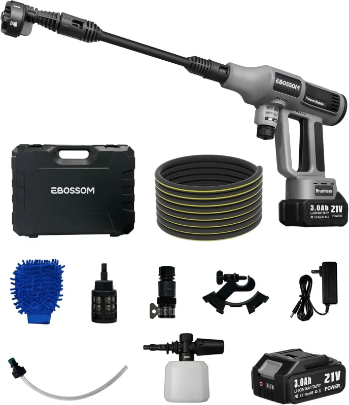 65 Bar Battery High Pressure Washer, 6 in 1 Adjustable Nozzle, Mobile Pressure Cleaners, Suitable for Car Washing, Plant Irrigation, Pressure Washer (2 x 3Ah Batteries)