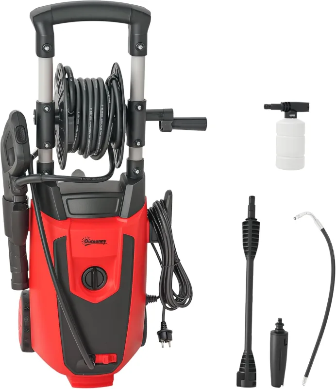 Outsunny High Pressure Washer 1800W, Pressure 150 Bar, Flow Rate 420 L/h, with Aluminium Pump, Automatic Stop, 6 m Hose, Includes Foam Bottle and Adjustable Nozzle, Red and Black