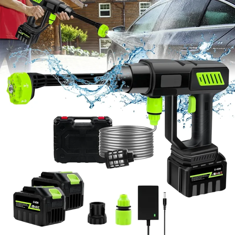 6 in 1 68Bar High Pressure Battery Pressure Washer, 21V 980PSI Portable Pressure Water Gun, 15,000 mAh, Water Pressure Gun Battery for Car, Cordless Pressure Washer Gun (2 Battery)