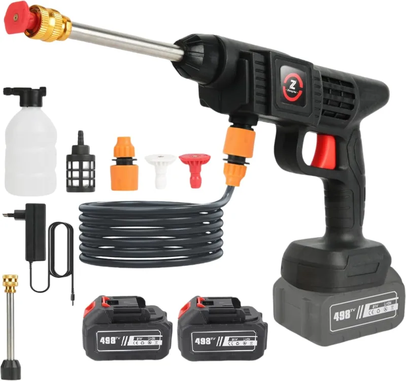 Pressure Washer Battery, 21V MAX 35Bar High Pressure Pressure Washer, Press & Clean Gun Washing with Batteries, Foam Jug, 5 m Hose, for Car, Lawn (with 2 x 6000 mAh Battery)