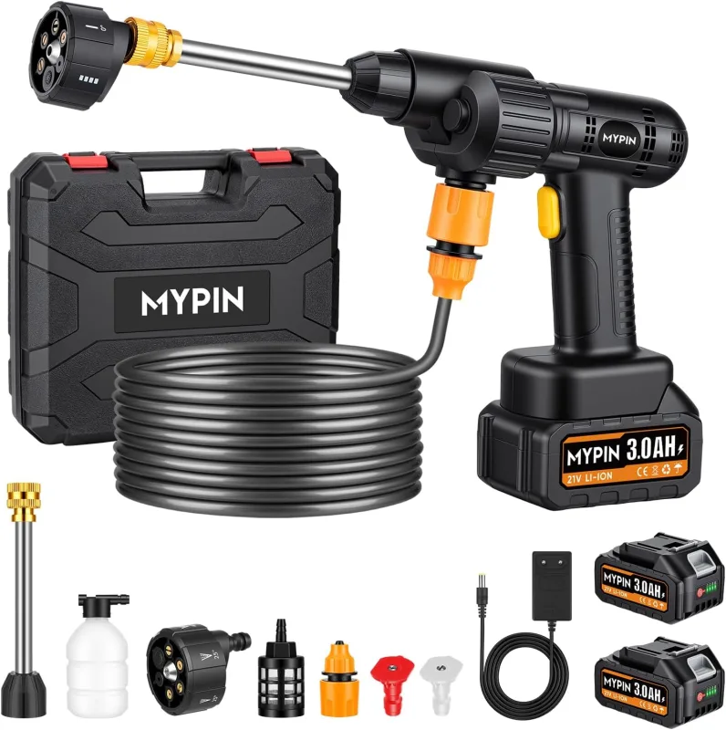 MYPIN High Pressure Washer Portable Battery Powered Pressure Washer, 600 PSI, 21V, 2 Rechargeable Batteries, 6 in 1 Nozzle with Jet Mode for Cleaning Cars, Floors, Walls and Fences