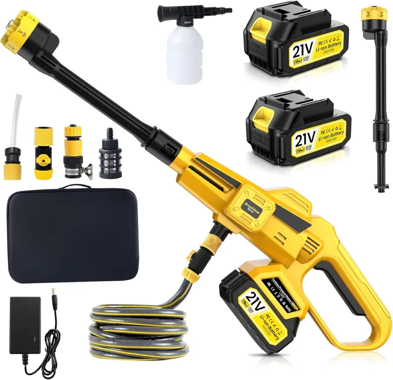 Pressure Washer Portable Battery 45 Bar with 8000 mAh Battery, 6 in 1 Spray Nozzles for Garden Cleaning and Car Wash High Pressure Cleaner Adjustable in 3 Levels