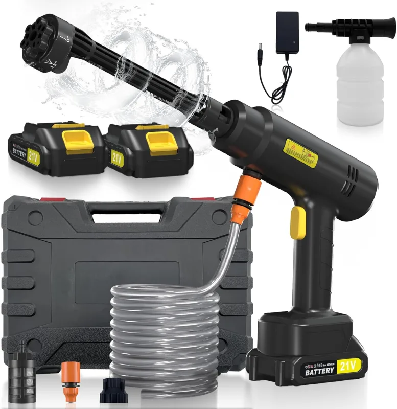 High Pressure Pressure Washer, Portable Pressure Washer with 2 Batteries, Pressure Water Gun, Includes 6 in 1 Nozzle, Foam Sprayer, 5 m Hose, for Cleaning and Irrigation