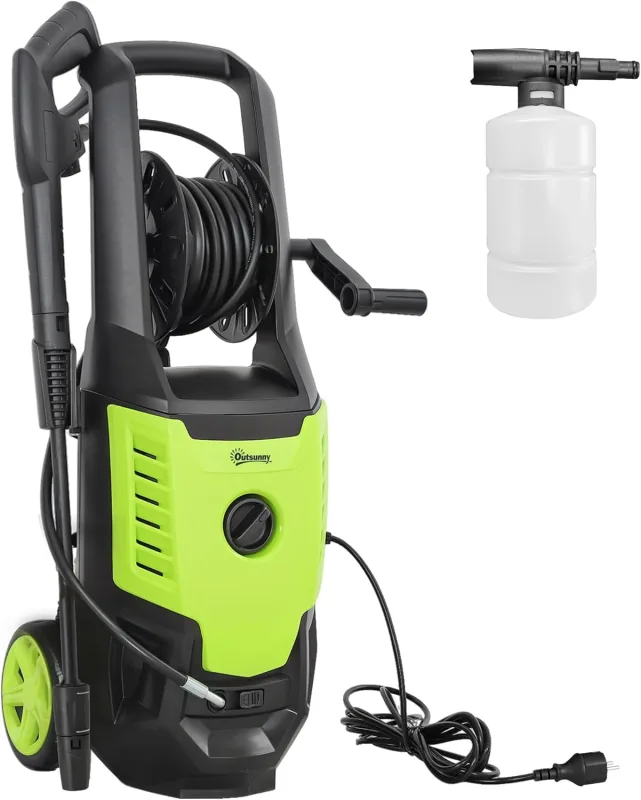 Outsunny High Pressure Washer 2200W, Pressure 170 Bar, Flow Rate 420 L/h, with Aluminium Pump, Automatic Stop, 6 m Hose, Includes Foam Bottle and Adjustable Nozzle Green and Black