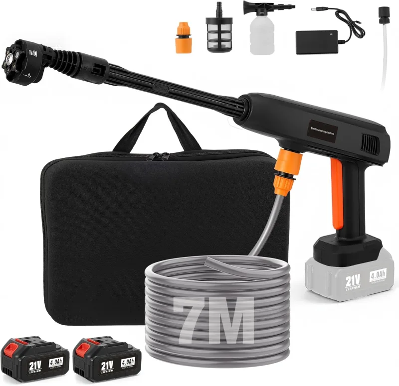 Hidrolimpiadora de Alta Presión a Batería 4000mAh x2, Boquilla 6 en 1, 7 m Longitud de la Manguera, Portátil Pistola de Agua a Presión para Coche, Hogar y Jardín