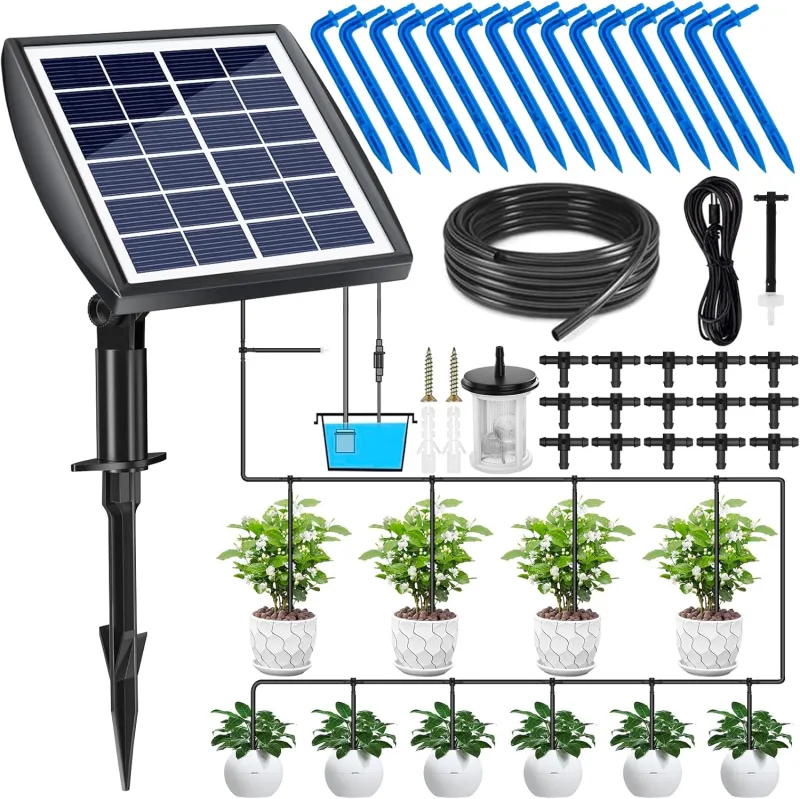 Solar Energy Automatic Drip Irrigation Kit, Automatic Garden Irrigation System with 15M Hose, Automatic Watering Devices with Timer for Garden and Balcony Potted Plants
