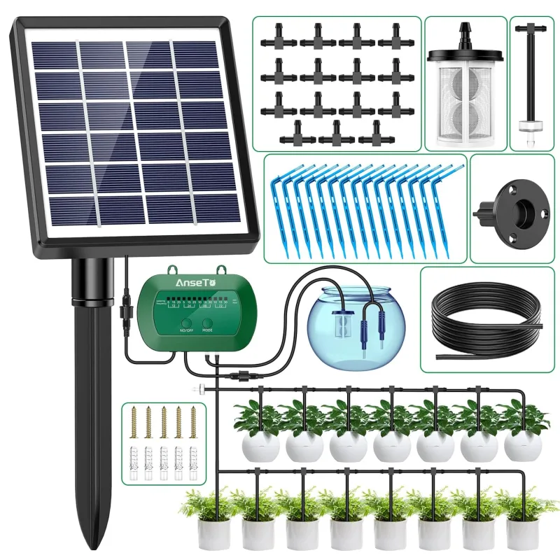 Solar Irrigation System for Garden, Solar Drip Irrigation Kit with 15 Micro Drip Heads, Automatic Drip Irrigation for Holidays, Balcony Terraces, Greenhouses Pots Plants