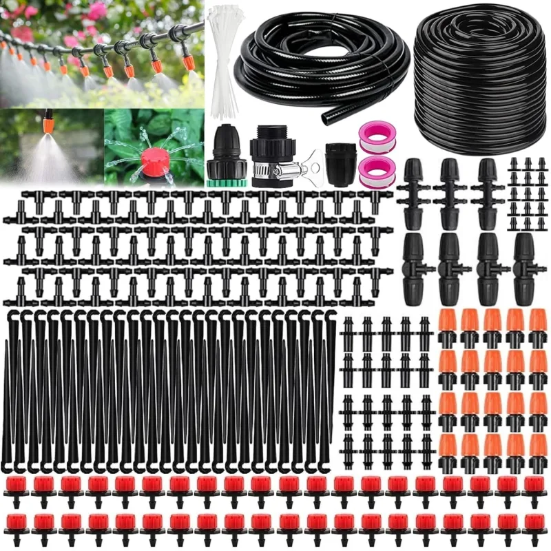 Garden Irrigation System, Drip Irrigation System, 50M+8M Irrigation Kit with Adjustable Nozzle Sprayer Sprayer and Automatic Dropper for Garden, Greenhouse, Lawn, Patio, Terrace