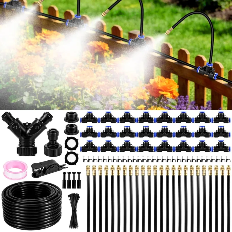 360 Rotating Garden Irrigation System, 30M Drip Irrigation Kit with 24 Adjustable Copper Nozzles and Hose, Automatic Irrigation System for Garden, Plants, Patio, Lawn and Greenhouse