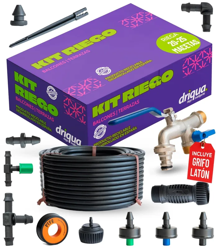 Drip Irrigation Kit Balconies Terraces and Urban Orchard Complete System 20-25 Pots with Double Tap Brass Pressure Reducer Drippers Self-compensating Microtube 25 m Easy Installation without