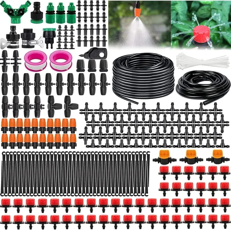Garden Irrigation System, 340 PCS Drip Irrigation System, 55 m + 15 m Irrigation Kit with Adjustable Nozzle Sprayer and Automatic Dropper for Garden, Greenhouse, Lawn, Patio, Terrace