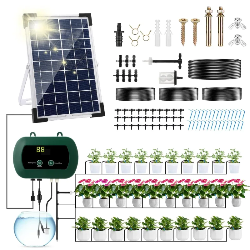 Anpress Automatic Drip Irrigation Solar Energy, Solar Garden Irrigation System with 10 Watering Modes & 30 Drip Heads for Outdoor and Indoor Garden Potted Plants, Vegetables