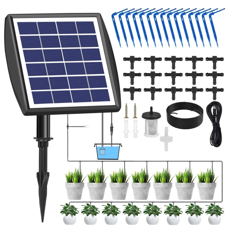 Solar Energy Automatic Drip Irrigation Kit, Automatic Garden Irrigation System with 15M Hose, Suitable for Outdoor Gardens and Balcony Potted Plants, Vegetable