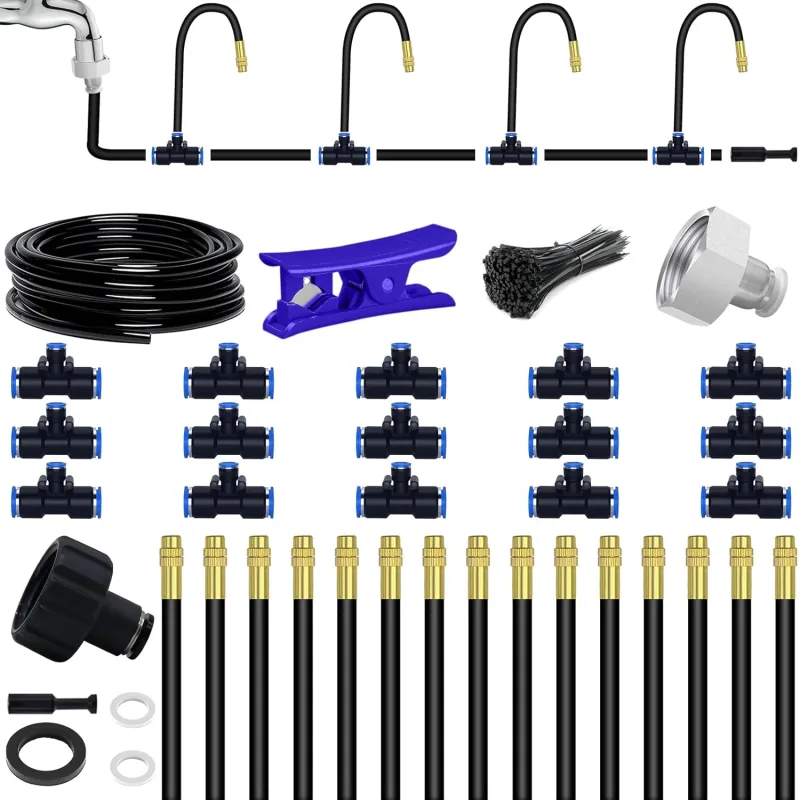 15M Flexible Drip Irrigation Kit, 360° Adjustable Irrigation System + 20 Upgraded T-Joints + 15 Misting Nozzles + Standard Faucet Adapter + Convenient Adapters for