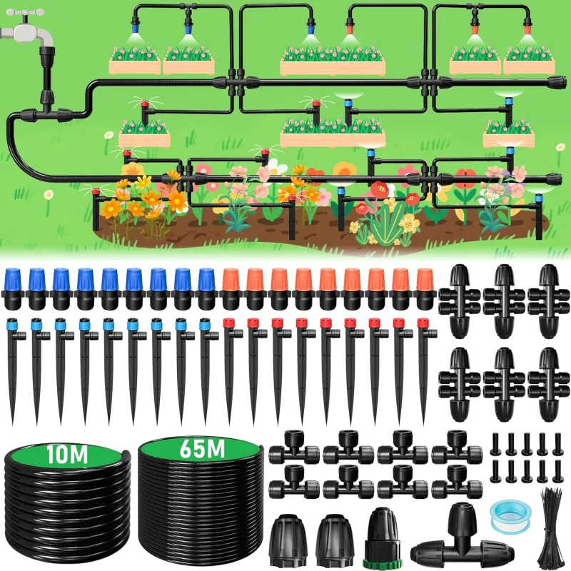 Garden Irrigation System, 65M+10M Automatic Irrigation, 152PCS Drip Irrigation Kit with Adjustable Sprinkler Nozzle, Flower Massive, Patio Plants, Irrigation, Agriculture
