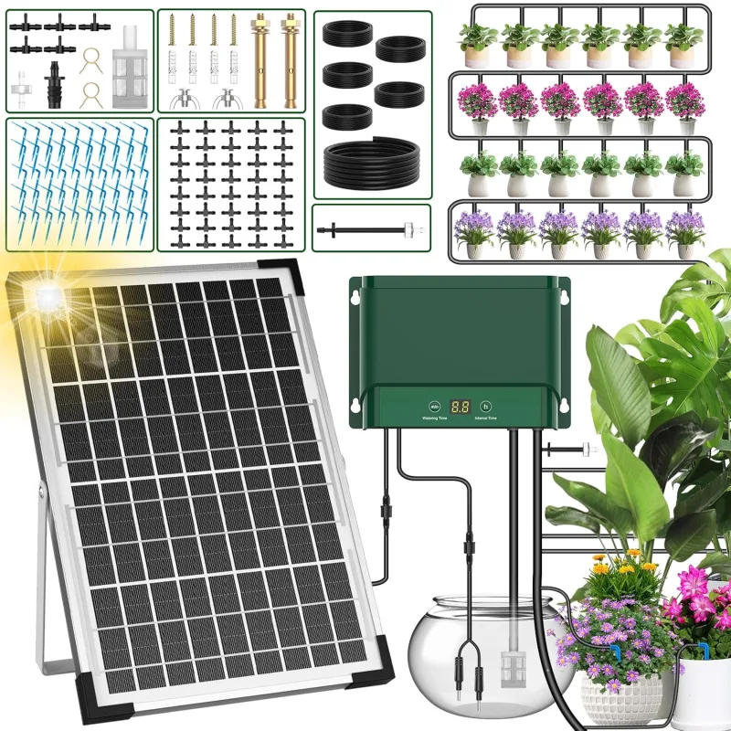 Solar Irrigation System for Garden, 10W Automatic Drip Irrigation Kit with Outdoor Water Pipe, Timer Solar Drip Irrigation for Holidays, Balcony Terraces, Plants, Lawn Plants