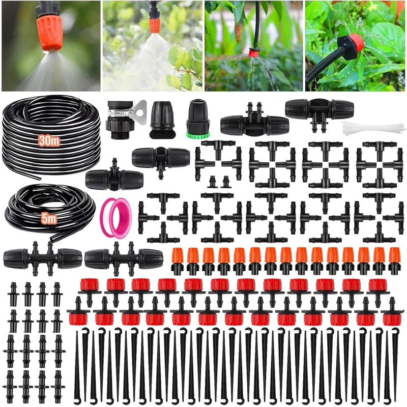 Garden Irrigation System, 185 PCS Drip Irrigation System, 30 m + 5 m Irrigation Kit with Adjustable Nozzle Sprayer and Automatic Dropper for Garden, Greenhouse, Lawn, Patio, Terrace