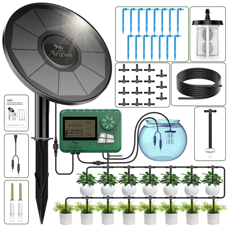 Solar Irrigation System with Programmer Irrigation, 2200 mAh New Drip Irrigation Kit for Garden, Holidays, Balcony Terraces, Plants, with 15 Metres Irrigation Hose, 15 Micro Drip Heads