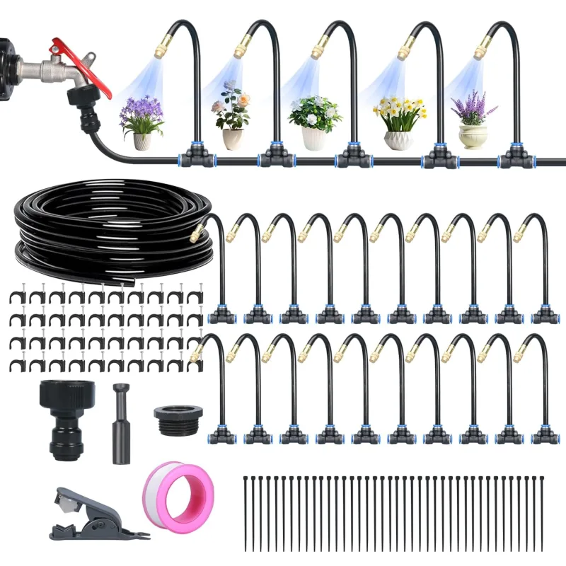 ACESOME Garden Irrigation System, 360° Curved Automatic Watering System, Irrigation Hose, Raised Bed for Garden, Lawn, Orchard, Farm (20m with Ground Spikes)