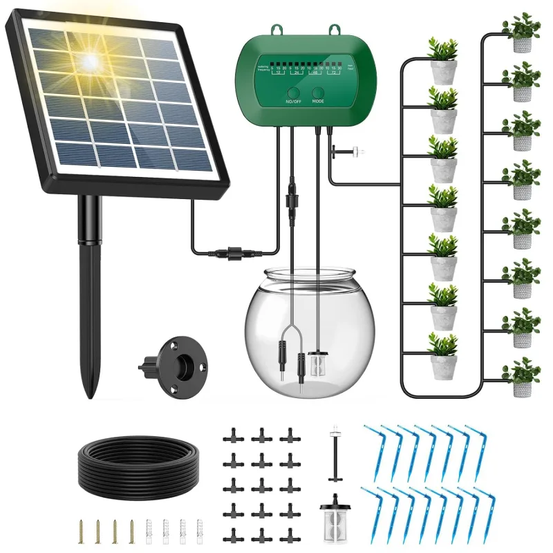 Solar Irrigation System, Automatic Solar Drip Irrigation, Anti-siphon Design for Potted Plants, Greenhouse, 12 Timing Modes, Plant Watering Devices+15m Hose