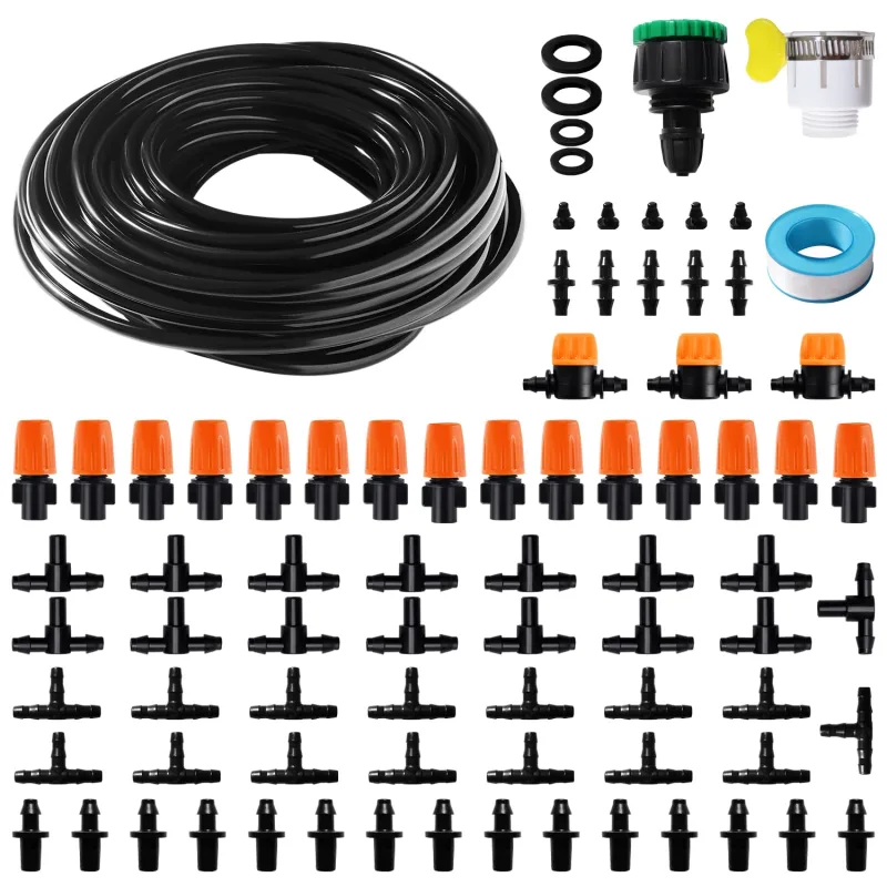 VooGenzek 81 Pieces 4/6 mm Drip Irrigation System Kit, 15 m Irrigation Hose, Automatic Drip Irrigation Kit, with Straight Barbed Joints, T-Connectors, End Plugs, for Garden