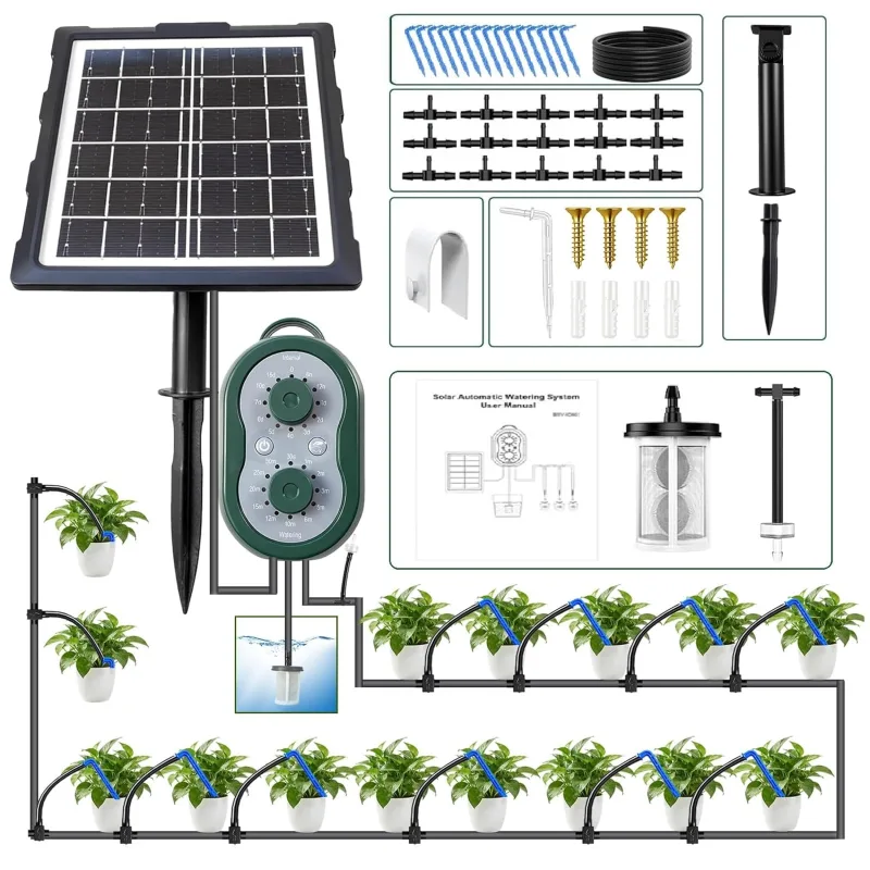 Sistema de riego solar para macetas, sistema de riego automático con carga USB, equipado con una manguera de 15 m y modos de riego personalizados, ideal para jardines, balcones e invernaderos
