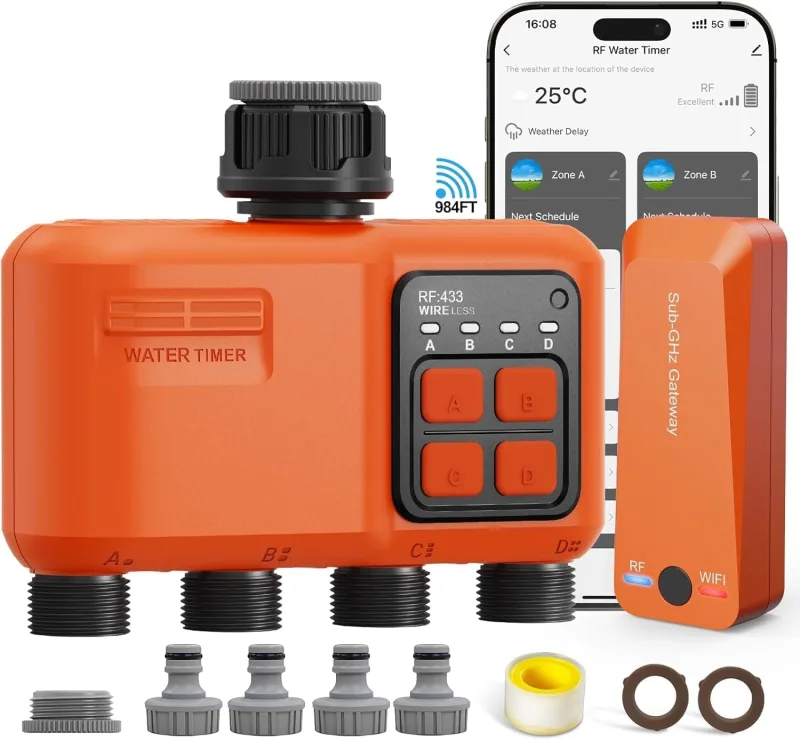 Programmer Irrigation WiFi 4 Outputs with 300 RF Meters, WiFi Supercoverage, Irrigation System for Garden with Rain Delay, App and Voice Control, Automatic Timer